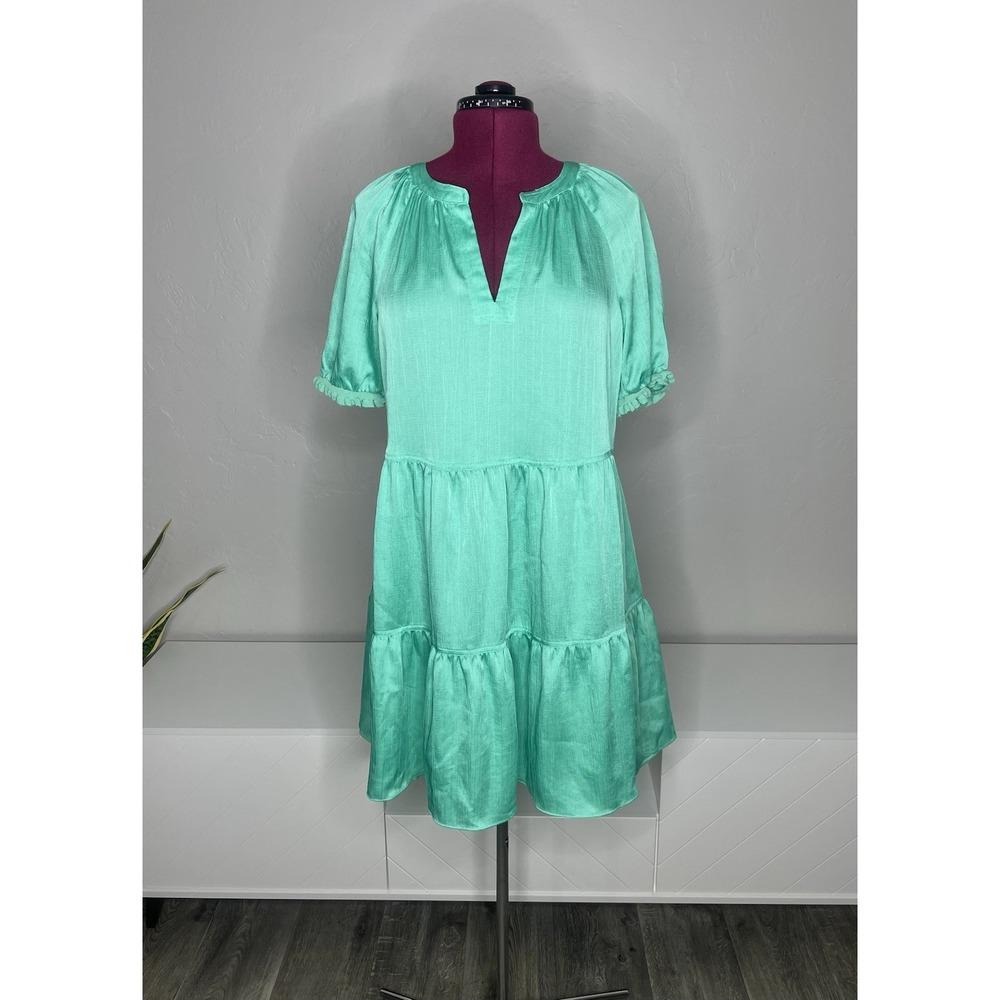 Current Air Dress Women's‎ M Ruffle Pleated Aqua Green Short Sleeve